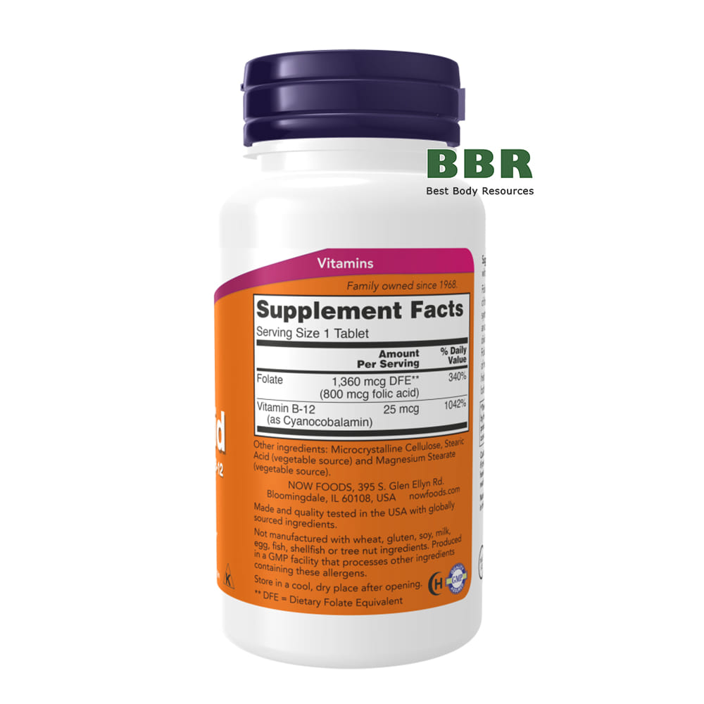 Folic Acid 800mcg with Vitamin B-12 250 Tabs, NOW Foods