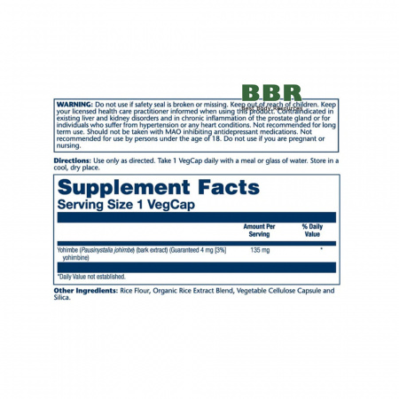 Yohimbe 135mg 3% Yohimbine 60 Veg Caps, Solaray