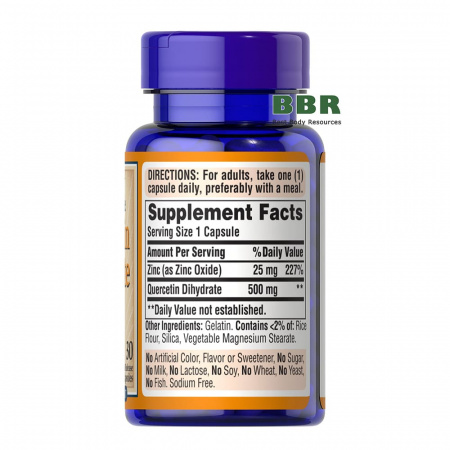 Quercetin Dihydrate 500mg plus Zinc 25mg 30 Caps, Puritans Pride