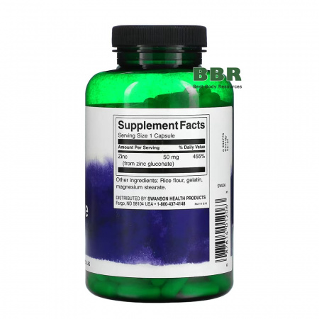 Zinc Gluconate 50mg 250 Caps, Swanson