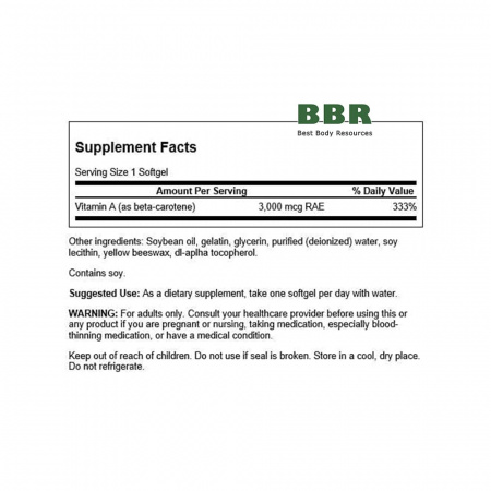 Beta Carotene Vitamin A 10000iu 3000mcg 100 Softgels, Swanson