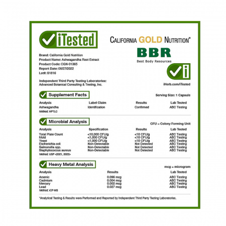 Ashwagandha 450mg 180 Veg Caps, California GOLD Nutrition