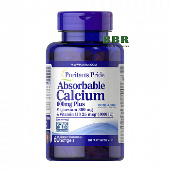 Absorbable Calcium 600mg plus Magnesium 300mg and Vitamin D3 1000iu 60 Softgels, Puritans Pride