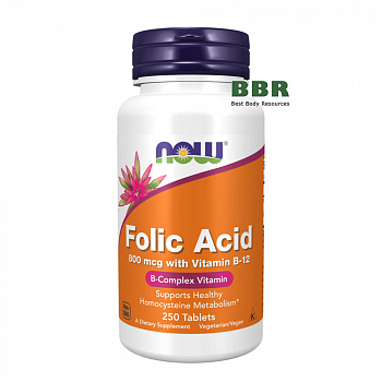 Folic Acid 800mcg with Vitamin B-12 250 Tabs, NOW Foods
