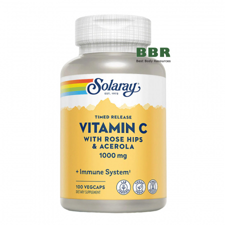 Vitamin C with Rose Hips and Acerola 500mg 100 Veg Caps, Solaray