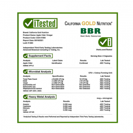 Apple Cider Vinegar 180 Veg Caps, California GOLD Nutrition