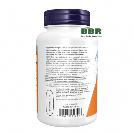 Cod Liver Oil 1000mg Extra Strength 90 Softgels, NOW Foods