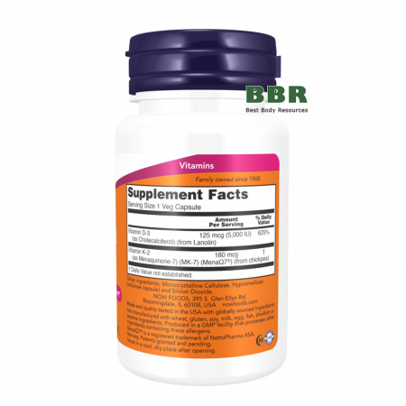 Mega D-3 & MK-7 5000iu / 180mcg 60 Veg Caps, NOW Foods