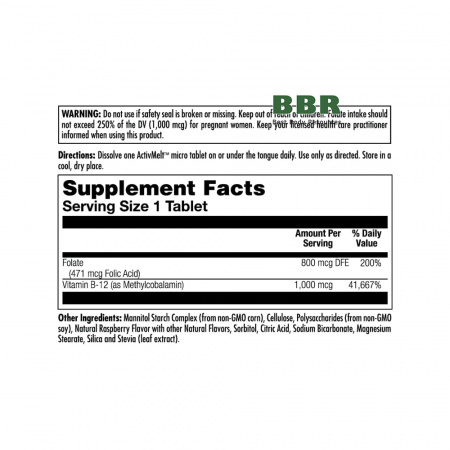 Folic Acid 800mcg Methyl B-12 1000 mcg 60 Tabs, KAL