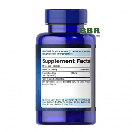 L-Lysine 500mg Free Form 100 Caps, Puritans Pride