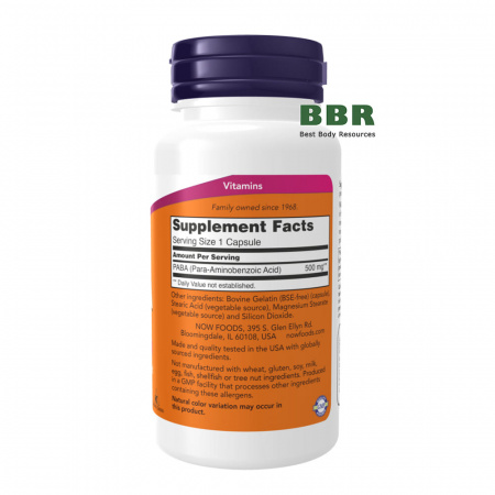 PABA 500mg 100 Caps, NOW Foods