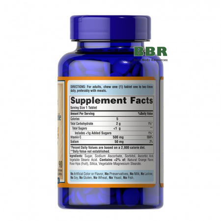 Vitamin C-500 with Wild Rose Hips 90 Chewable Tabs, Puritans Pride