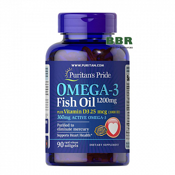 Omega 3 Fish Oil 1200mg plus Vitamin D3 90 Softgels, Puritans Pride