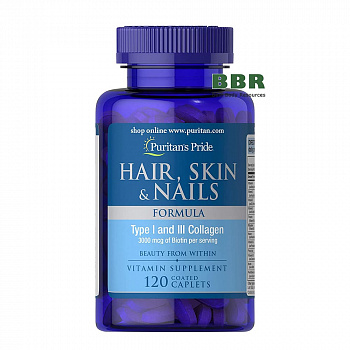 Hair, Skin & Nails Formula Type 1 and 3 Collagen 120 Tabs, Puritans Pride