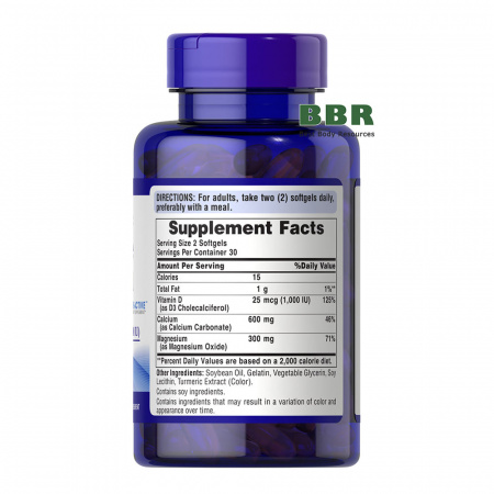 Absorbable Calcium 600mg plus Magnesium 300mg and Vitamin D3 1000iu 60 Softgels, Puritans Pride