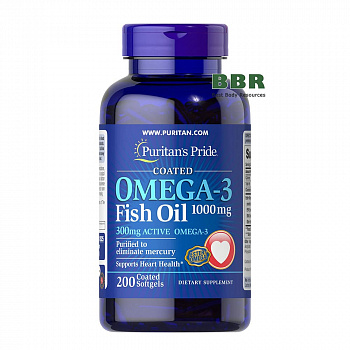 Omega 3 Fish Oil 1000mg 200 Coated Softgels, Puritans Pride