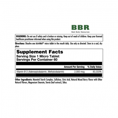B-12 Methylcobalamin & Adenosylcobalamin 2000mcg 60 Tabs, KAL