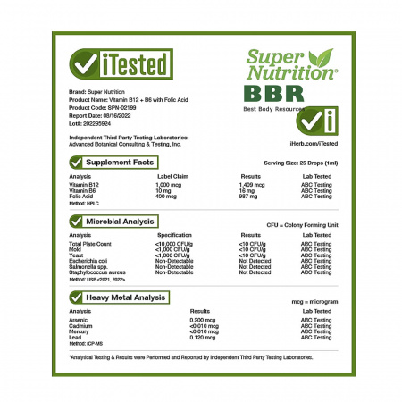 Liquid Vitamin B12 + B6 with Folic Acid 30ml, Super Nutrition