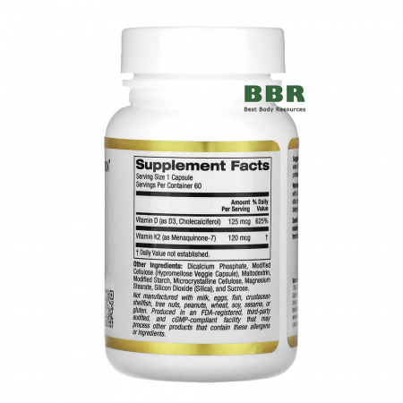 Vitamin D3 plus K2 60 Veg Caps, California GOLD Nutrition