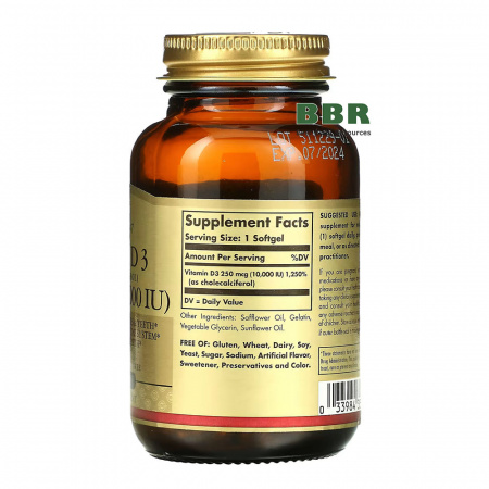 Vitamin D-3 (Cholecalciferol) 10000iu 120 Softgels, Solgar