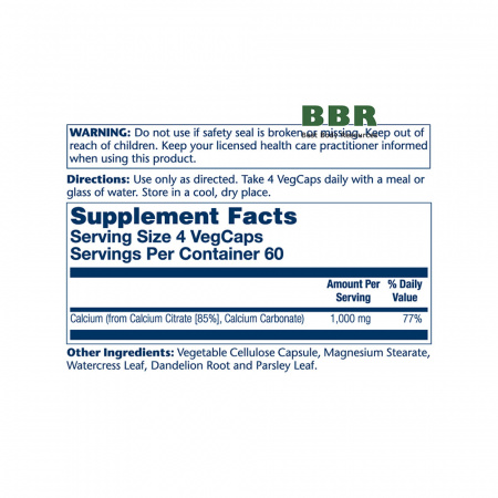 Calcium Citrate 1000mg 240 Veg Caps, Solaray