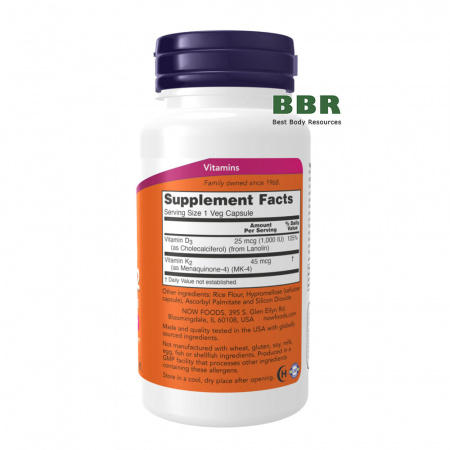 Vitamin D-3 & K-2 120 Veg Caps, NOW Foods