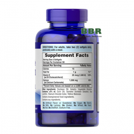 Absorbable Calcium 1200mg plus Vitamin D3 1000iu 100 Softgels, Puritans Pride