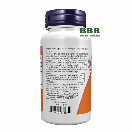 CoQ10 60mg With Omega-3 Fish Oil 60 Softgels, NOW Foods