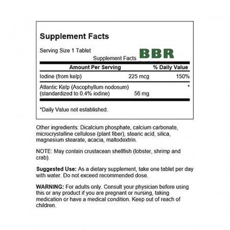 Kelp Iodine Source 225mcg 250 Tabs, Swanson