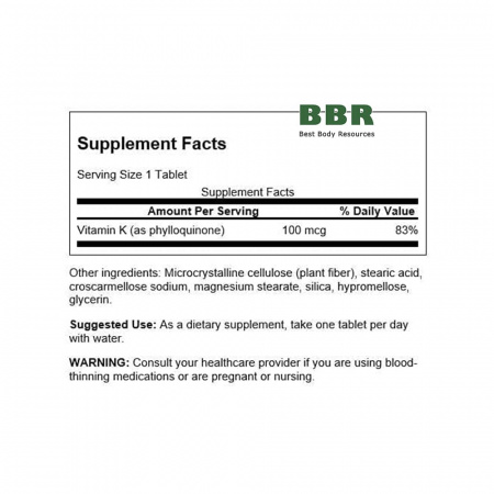 Vitamin K1 100mcg 100 Tabs, Swanson