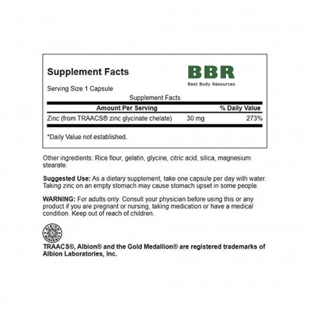 Chelated Zinc Glycinate 30mg 90 Caps, Swanson