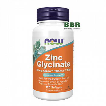 Zinc Glycinate 30mg With Pumkin Seed Oil 120 Softgels, NOW Foods