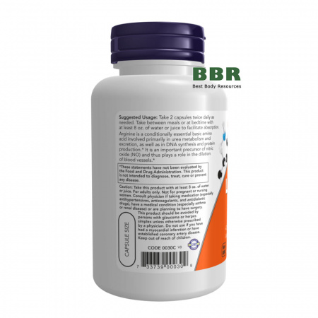 L-Arginine 500mg 250 Caps, NOW Foods