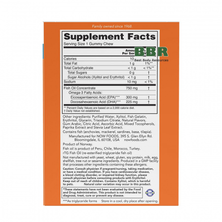 Omega-3 Fish Oil 525mg EPA DHA 36 Gummy Chews, NOW Foods