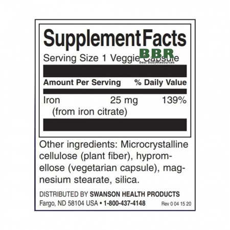 Iron Citrate 25mg 60 Veg Caps, Swanson