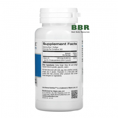 Vitamin D3 5000iu 360 Softgels, Lake Avenue