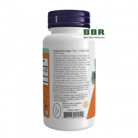Zinc Glycinate 30mg With Pumkin Seed Oil 120 Softgels, NOW Foods