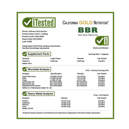 Gold Vitamin C 1000mg 240 Veg Caps, California GOLD Nutrition
