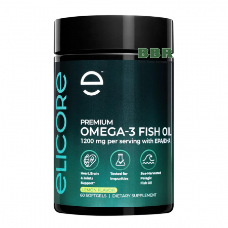 Premium Omega 3 Fish Oil 1200mg 60 Softgels, Elicore Labs