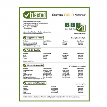 Premium Fish Oil Omega 3 100 softgels, California GOLD Nutrition