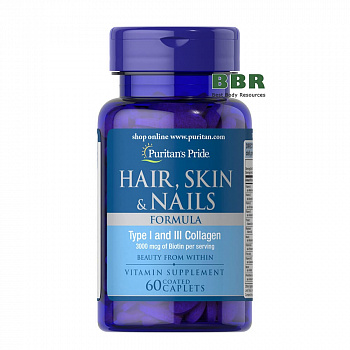 Hair, Skin & Nails Formula Type 1 and 3 Collagen 60 Tabs, Puritans Pride