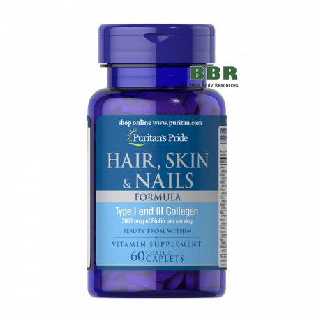 Hair, Skin & Nails Formula Type 1 and 3 Collagen 60 Tabs, Puritans Pride