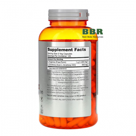 Arginine & Ornithine 500mg 250mg 250 Veg Caps, NOW Foods