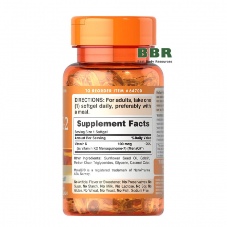 Vitamin K-2 MenaQ7 100mcg 30 Softgels, Puritans Pride