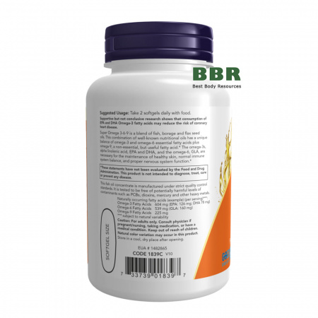 Super Omega 3-6-9 1200mg 180 Softgels, NOW Foods