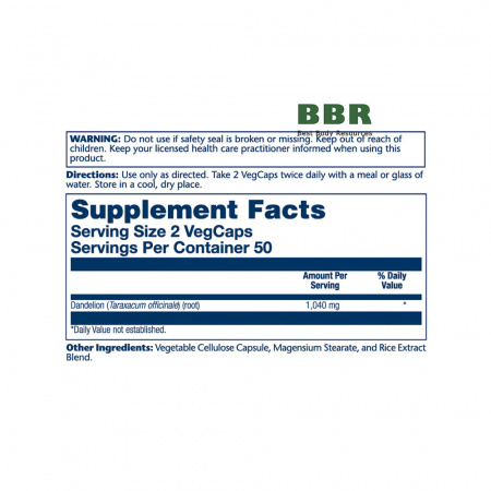 True Herbs Dandelion 1040mg 100 Veg Caps, Solaray