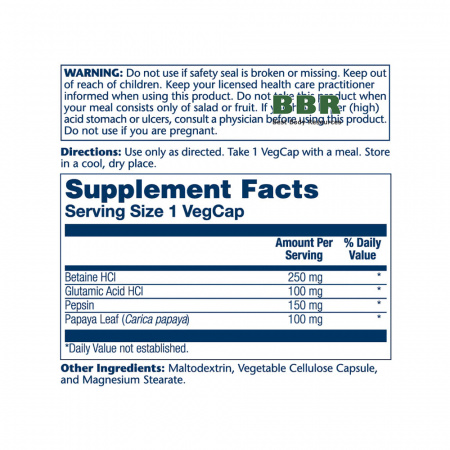 Betaine HCL 250mg with Pepsin 180 Veg Caps, Solaray