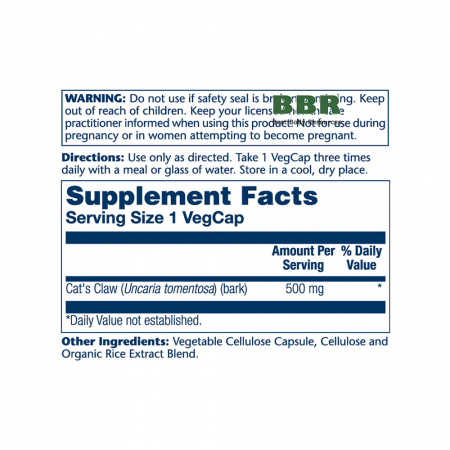 Cats Claw 500mg 100 Veg Caps, Solaray