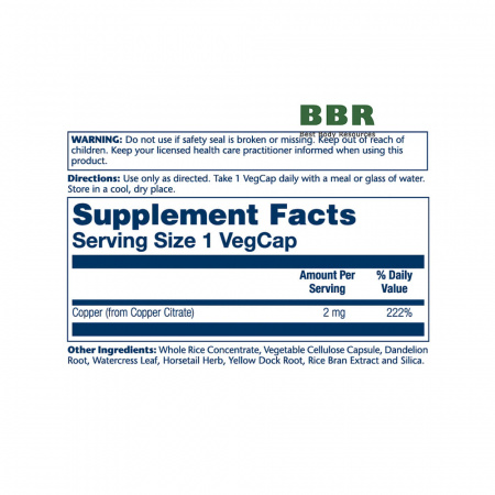 Copper Citrate 2mg 60 Veg Caps, Solaray