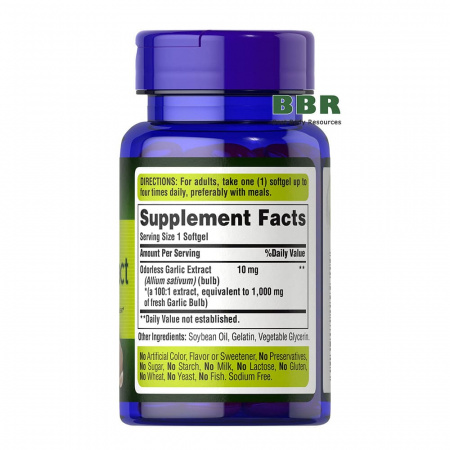 Odorless Garlic Extract 1000mg 100 Softgels, Puritans Pride